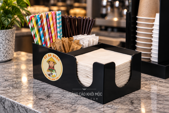 Kệ Mica Để Ly Cốc In Logo Thương Hiệu