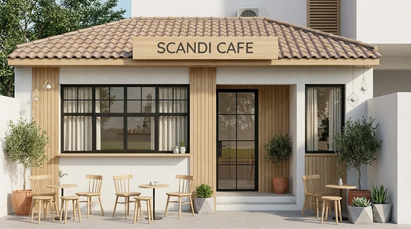 Quán cà phê nhỏ phong cách Scandinavian tông trắng be gỗ sáng