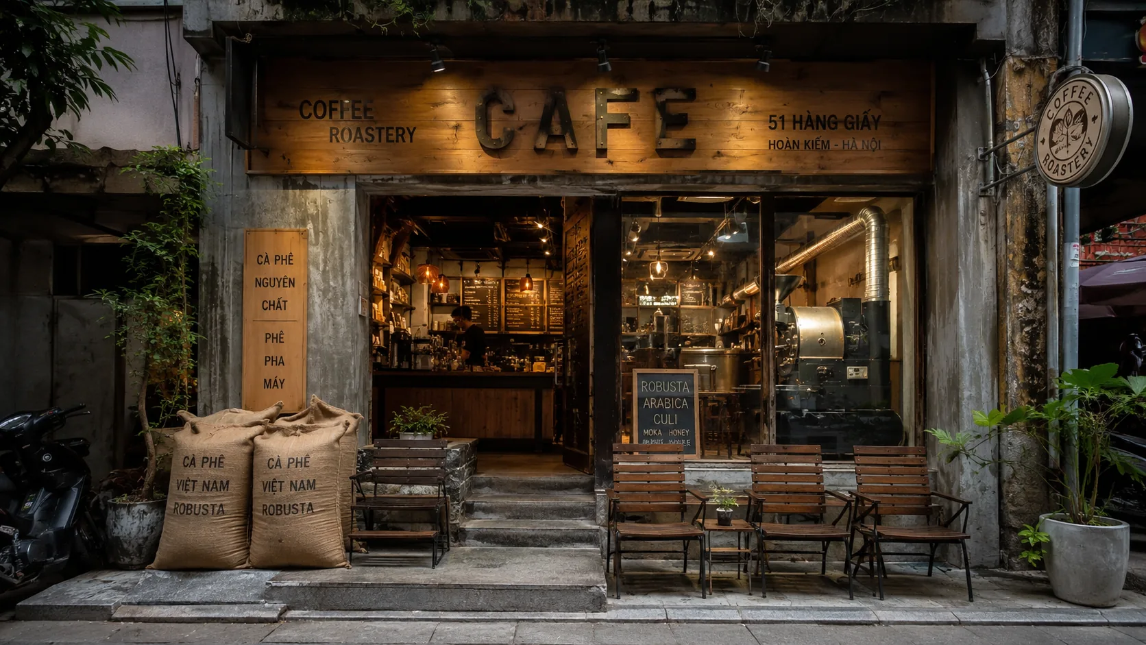 Quán cà phê nhỏ phong cách xưởng rang coffee roastery