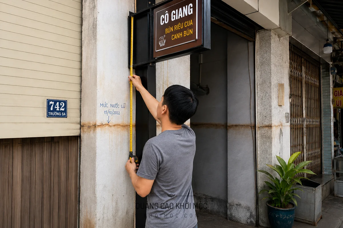 Đo độ cao lắp đặt bảng hiệu tính theo mực nước triều cường