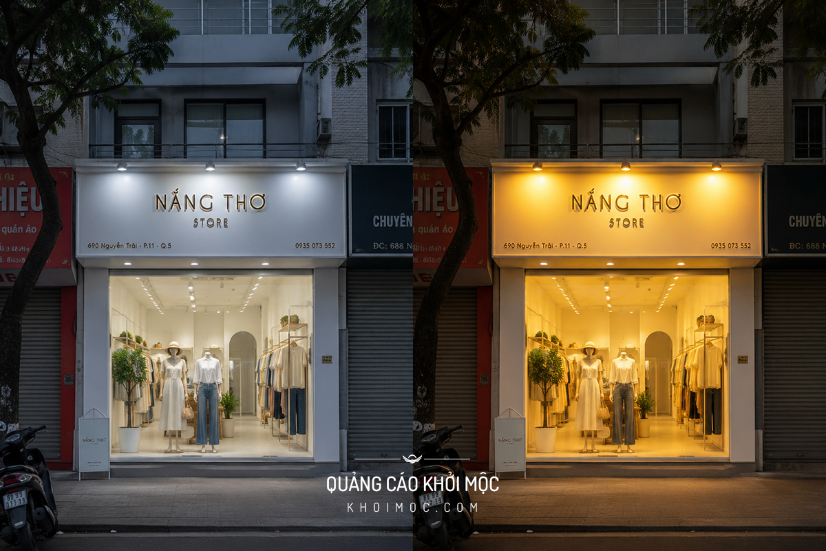 So sánh ánh sáng trắng và vàng trên mặt tiền shop thời trang