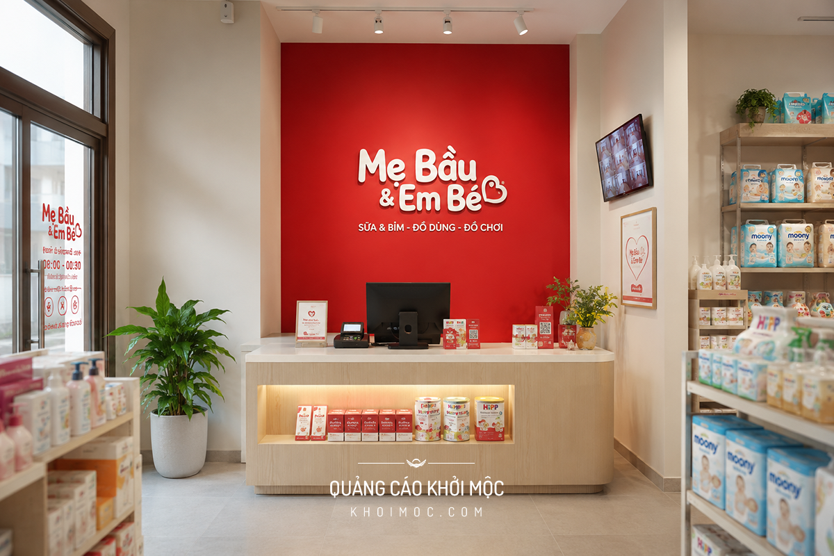 Màu thương hiệu đặt làm điểm nhấn tường sau quầy thu ngân