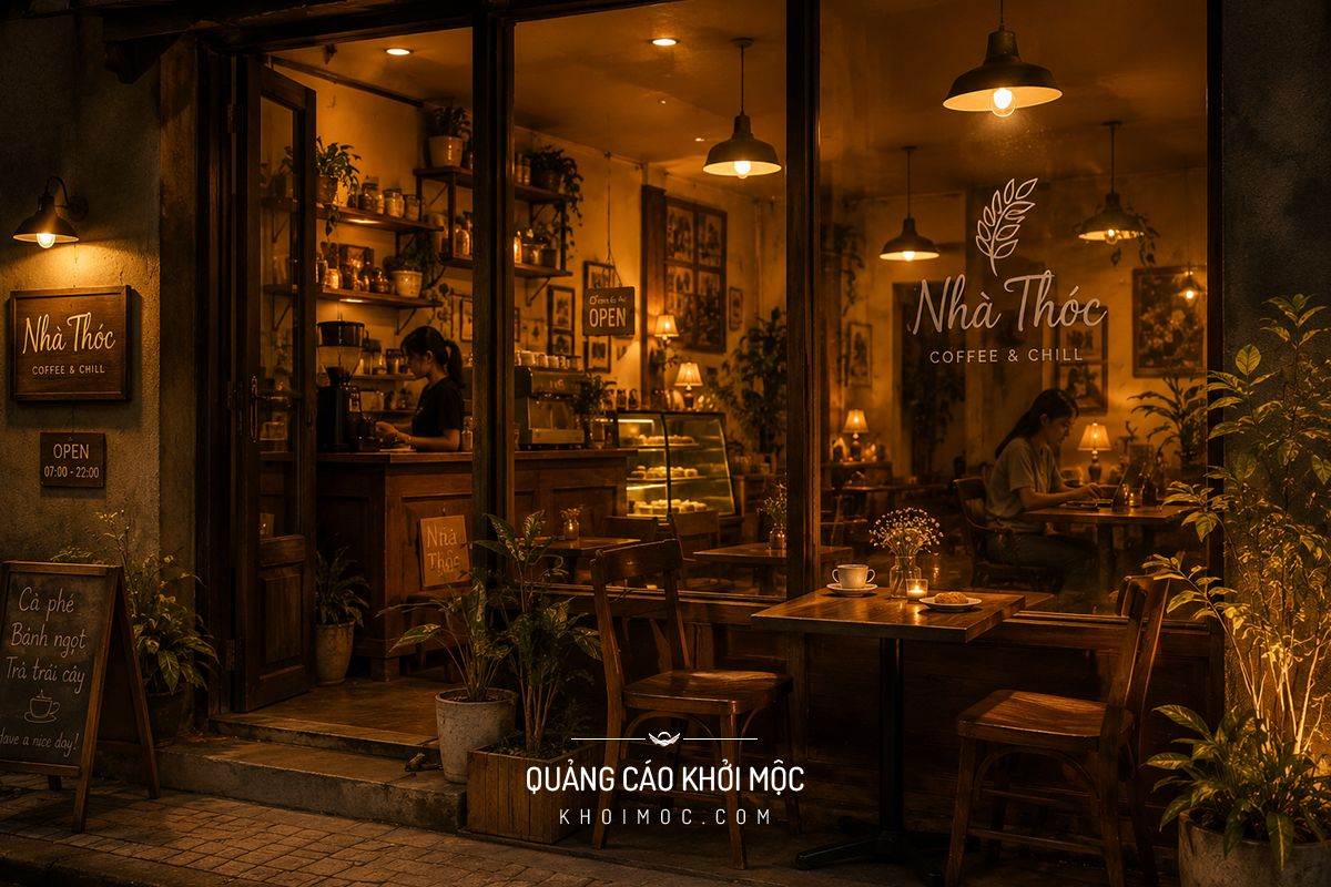 Quán cà phê nhỏ lên đèn vàng ấm 2700K buổi tối