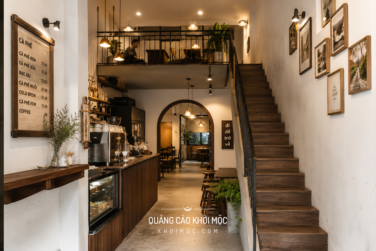 Quán cà phê nhỏ có gác lửng tận dụng chiều cao cho mặt bằng hẹp