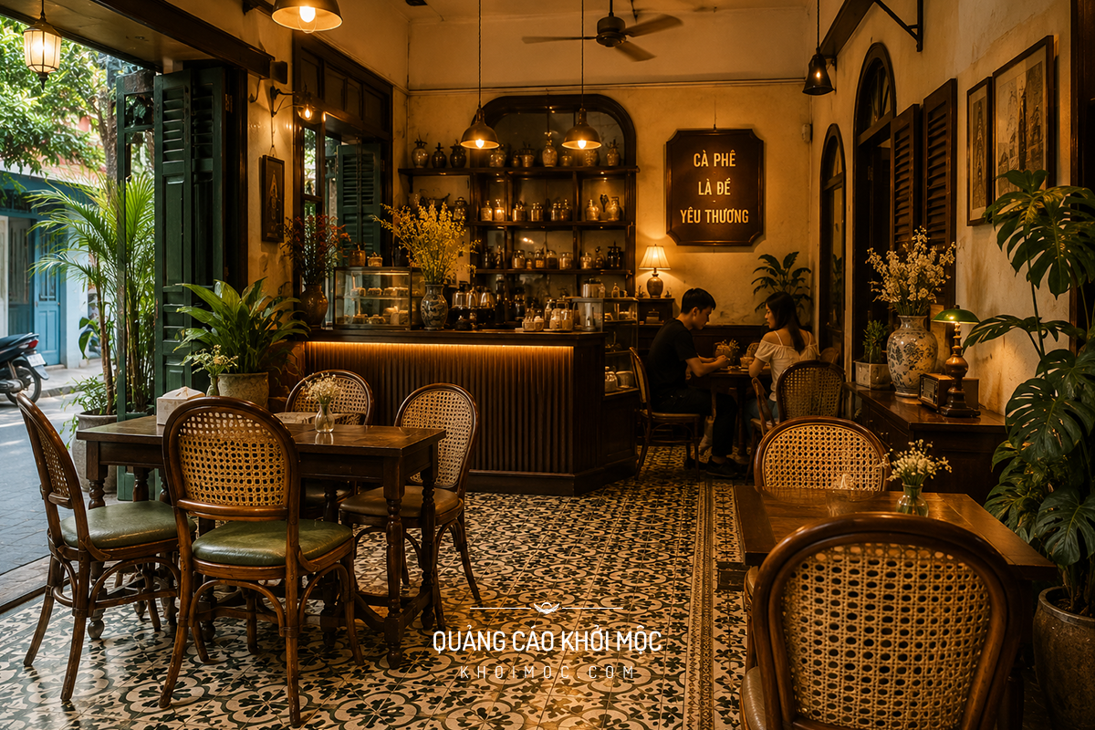Quán cà phê nhỏ phong cách Indochine gạch bông và mây tre