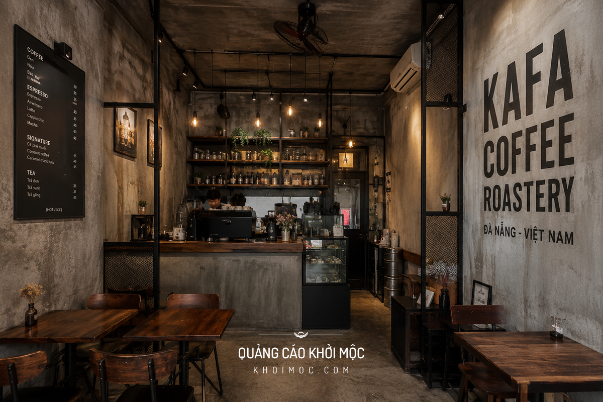Quán cà phê nhỏ phong cách industrial tường bê tông khung kim loại đen