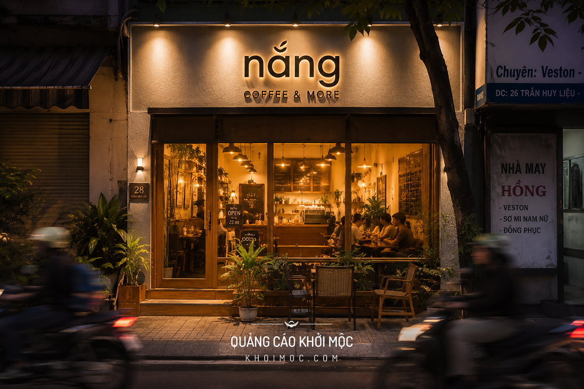 Mặt tiền quán cà phê nhỏ lên đèn nhìn từ vỉa hè buổi tối