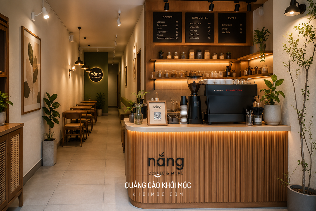 Quầy bar quán cà phê nhỏ bố trí gọn tối ưu mặt bằng hẹp