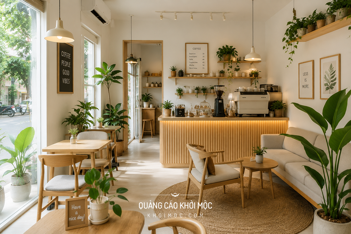 Quán cà phê nhỏ phong cách Scandinavian tông sáng gỗ sáng nhiều cây xanh