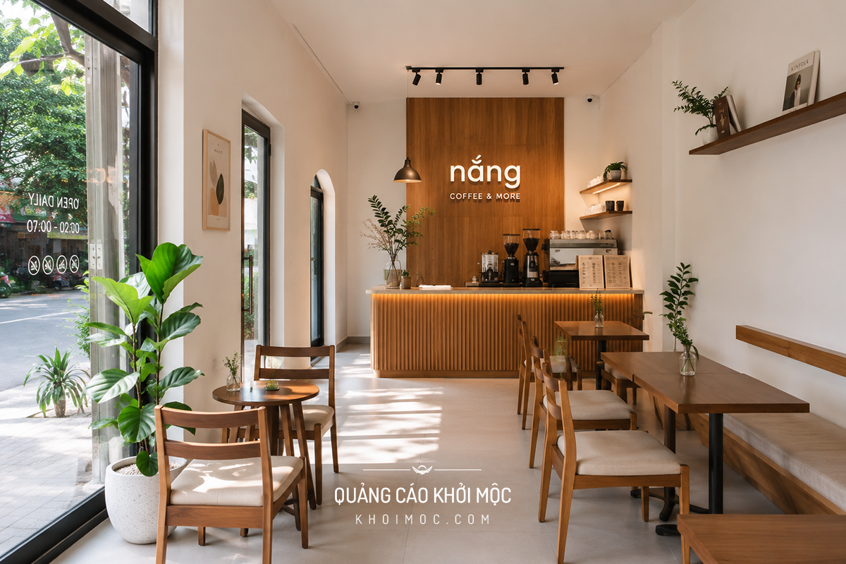 Quán cà phê nhỏ phong cách tối giản nền trắng một mảng tường điểm nhấn
