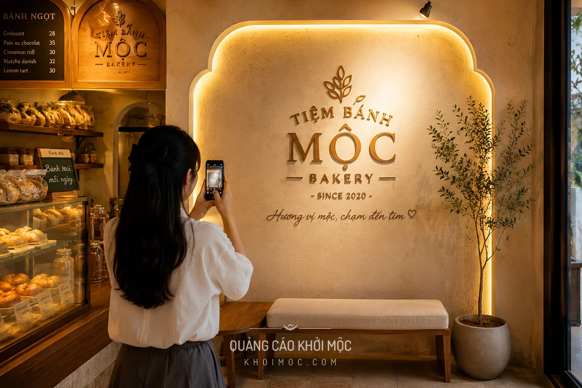 Góc check-in thương hiệu trong tiệm bánh nhỏ