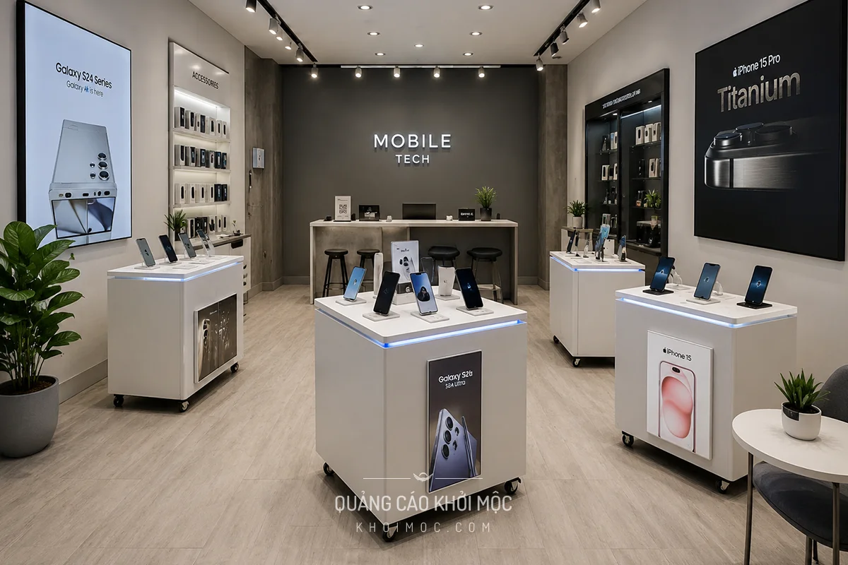 Kệ trưng bày module linh hoạt trong showroom điện thoại nhỏ