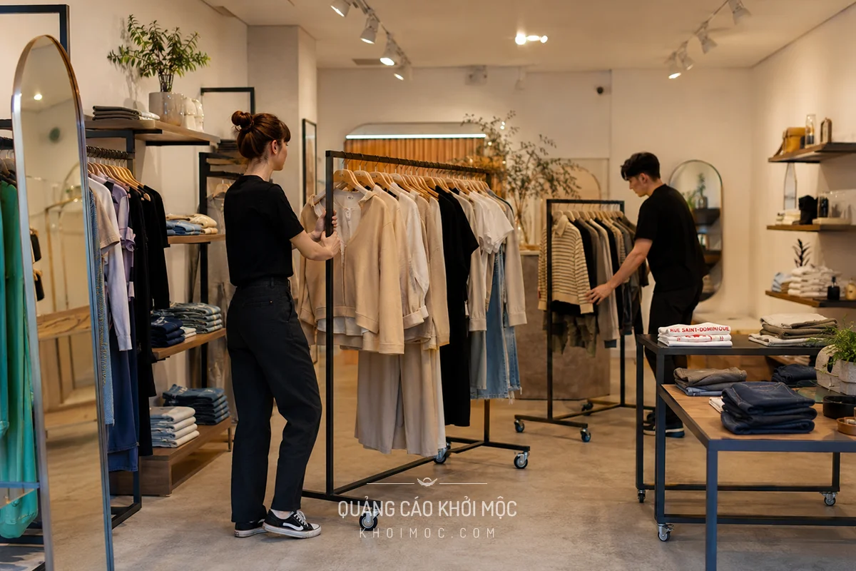 Kệ trưng bày module có bánh xe trong cửa hàng thời trang