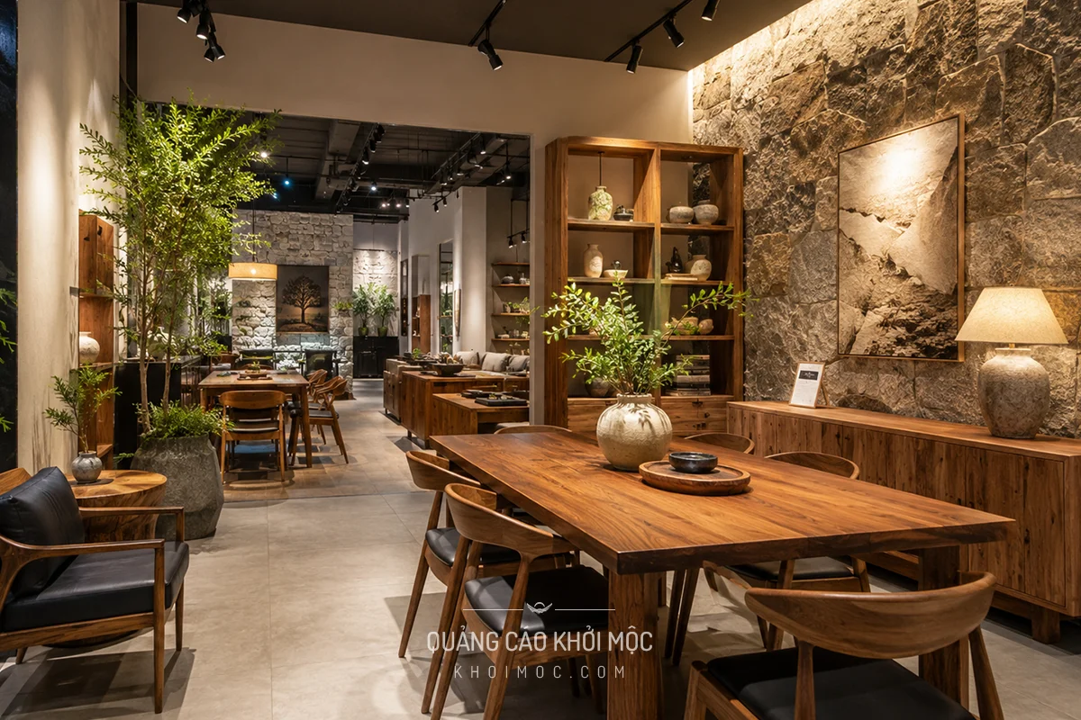 Showroom nội thất phối vật liệu gỗ và đá tự nhiên