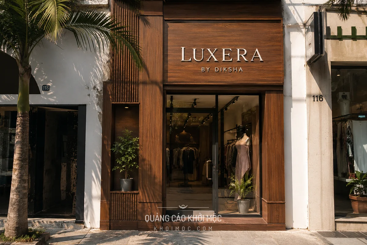 Mặt dựng shop thời trang ốp vật liệu vân gỗ chiều sâu