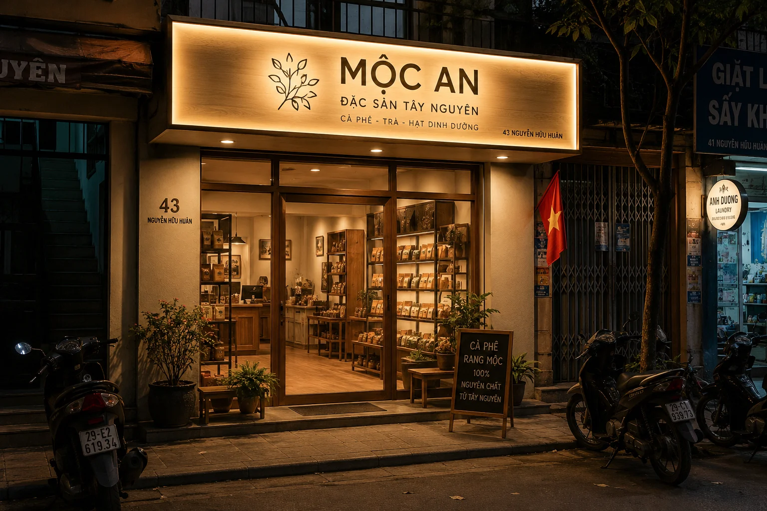 Ánh sáng hộp đèn mặt tiền đồng bộ tông với ánh sáng bên trong cửa hàng