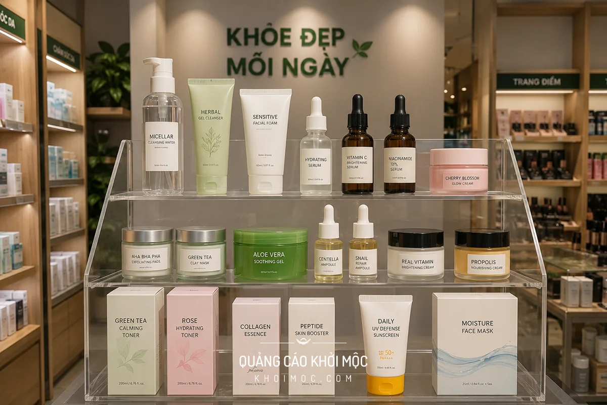 Kệ mica trong suốt kết hợp đèn rọi làm nổi sản phẩm trưng bày