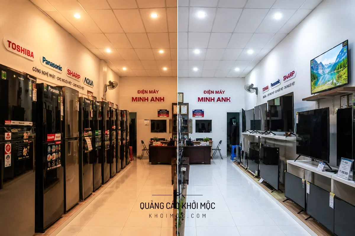 Cửa hàng điện máy chia đôi khung hình, nửa ánh sáng ấm nửa ánh sáng trắng
