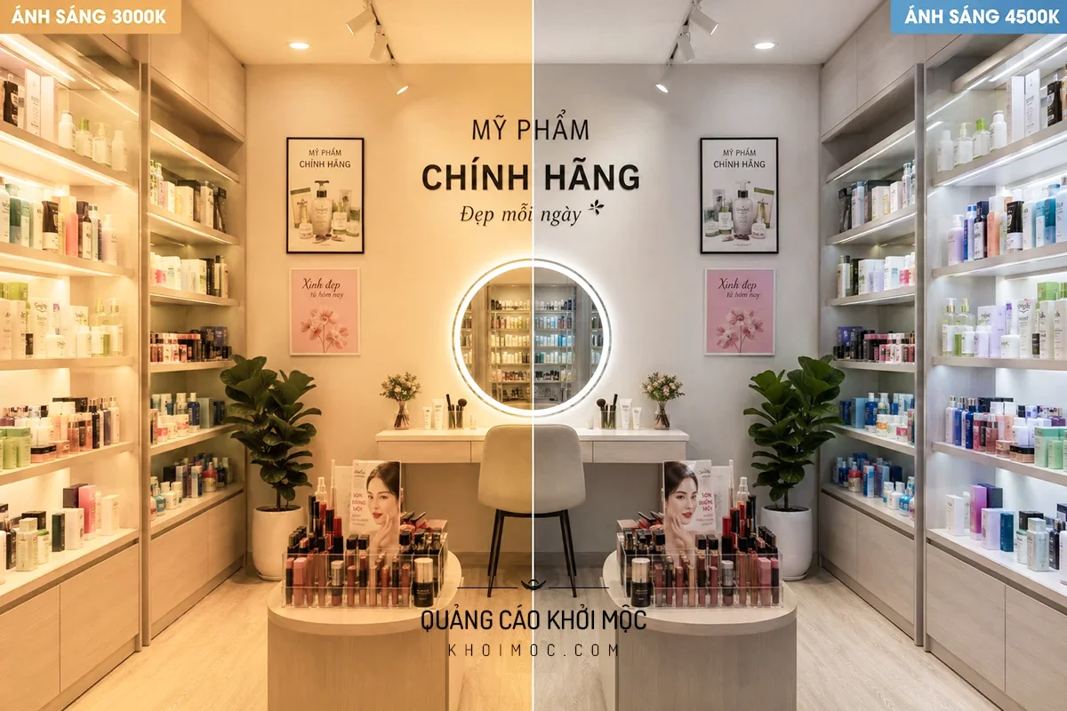 Cửa hàng mỹ phẩm chia đôi khung hình, nửa ánh sáng ấm nửa ánh sáng trắng