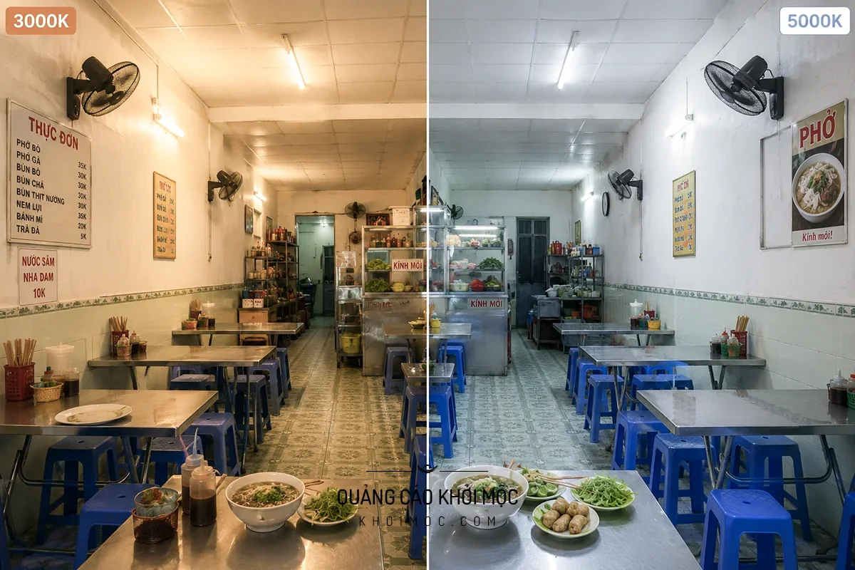 Quán ăn bình dân chia đôi khung hình, nửa ánh sáng ấm nửa ánh sáng trắng