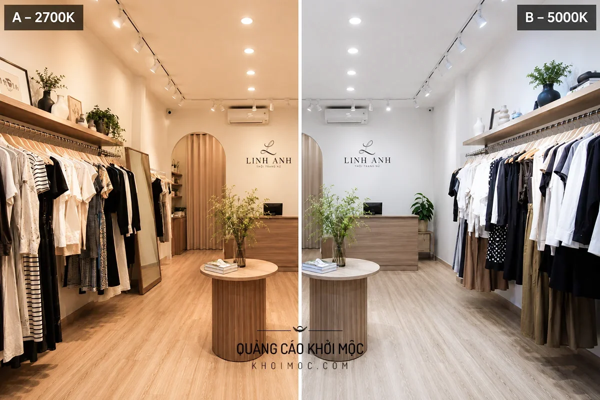 Shop thời trang nhỏ chia đôi khung hình, nửa ánh sáng ấm nửa ánh sáng trắng