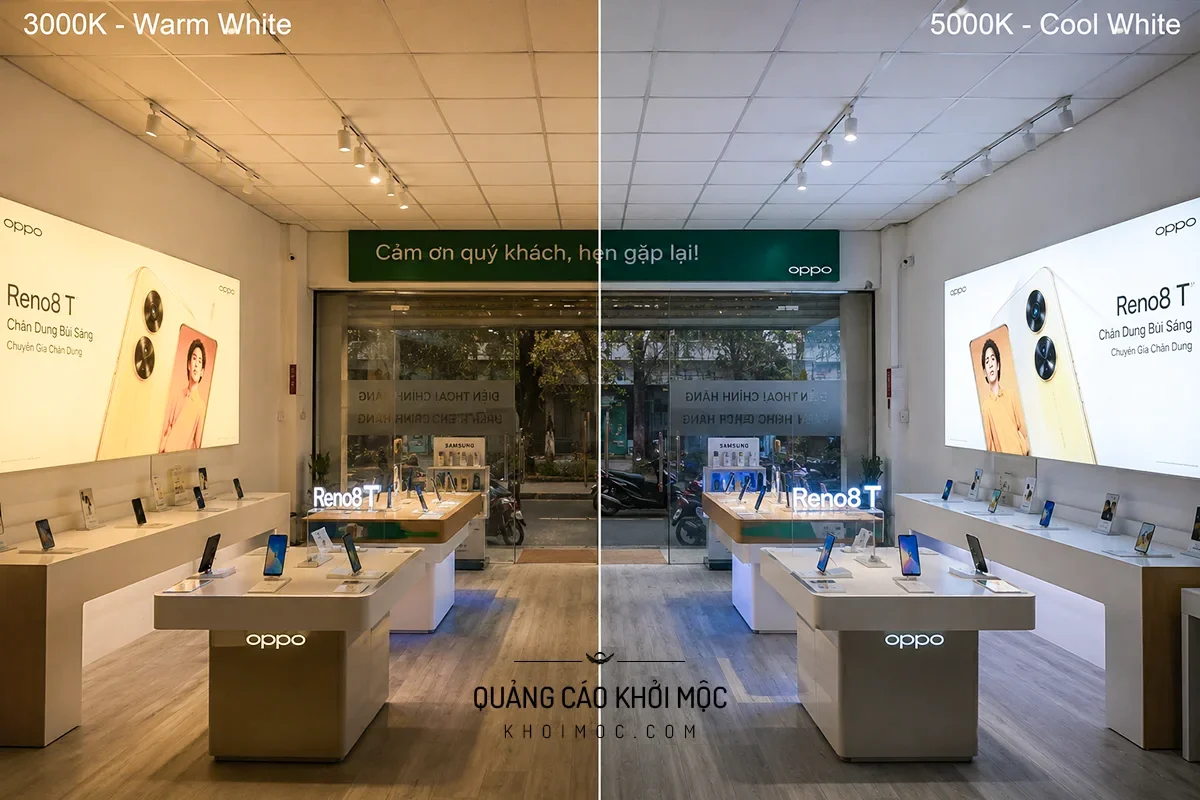 Showroom điện thoại chia đôi khung hình, nửa ánh sáng ấm nửa ánh sáng trắng