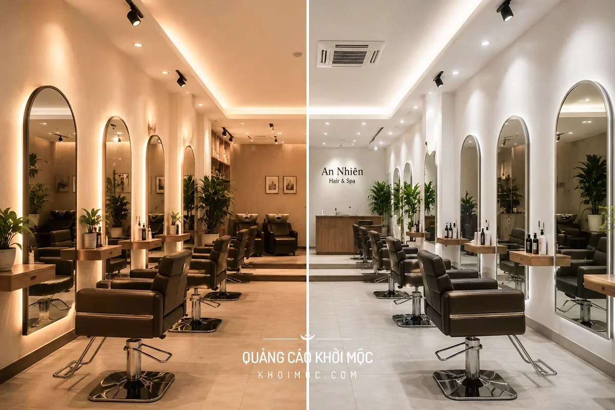 Tiệm tóc spa nhỏ chia đôi khung hình, nửa ánh sáng ấm nửa ánh sáng trắng