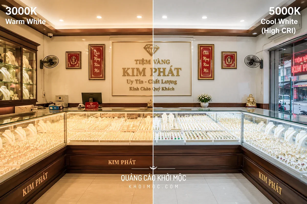 Tiệm vàng bạc đá quý chia đôi khung hình, nửa ánh sáng ấm nửa ánh sáng trắng