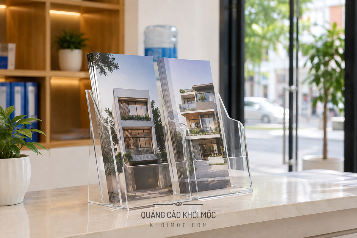 Kệ mica đựng tờ rơi A4 2 ngăn đặt tại quầy lễ tân showroom