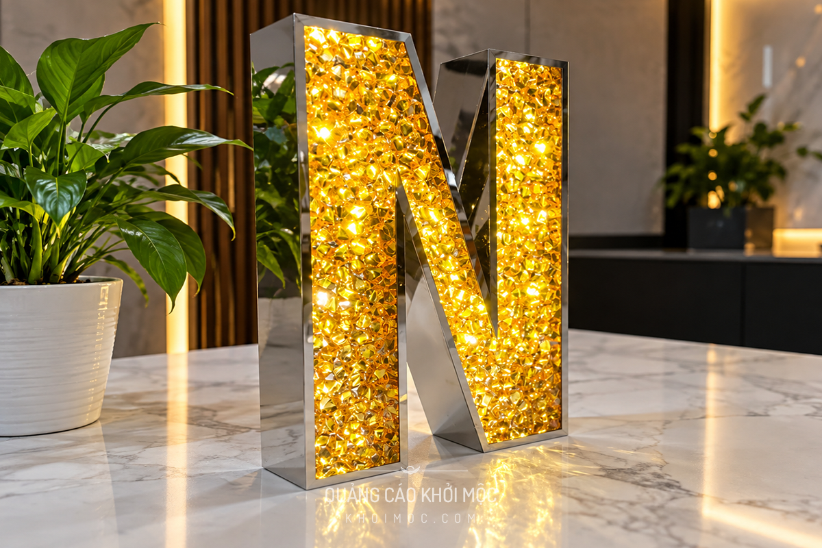 Chữ inox hạt nhựa giả đá thành phẩm chữ N mạ vàng gương đèn led lấp lánh
