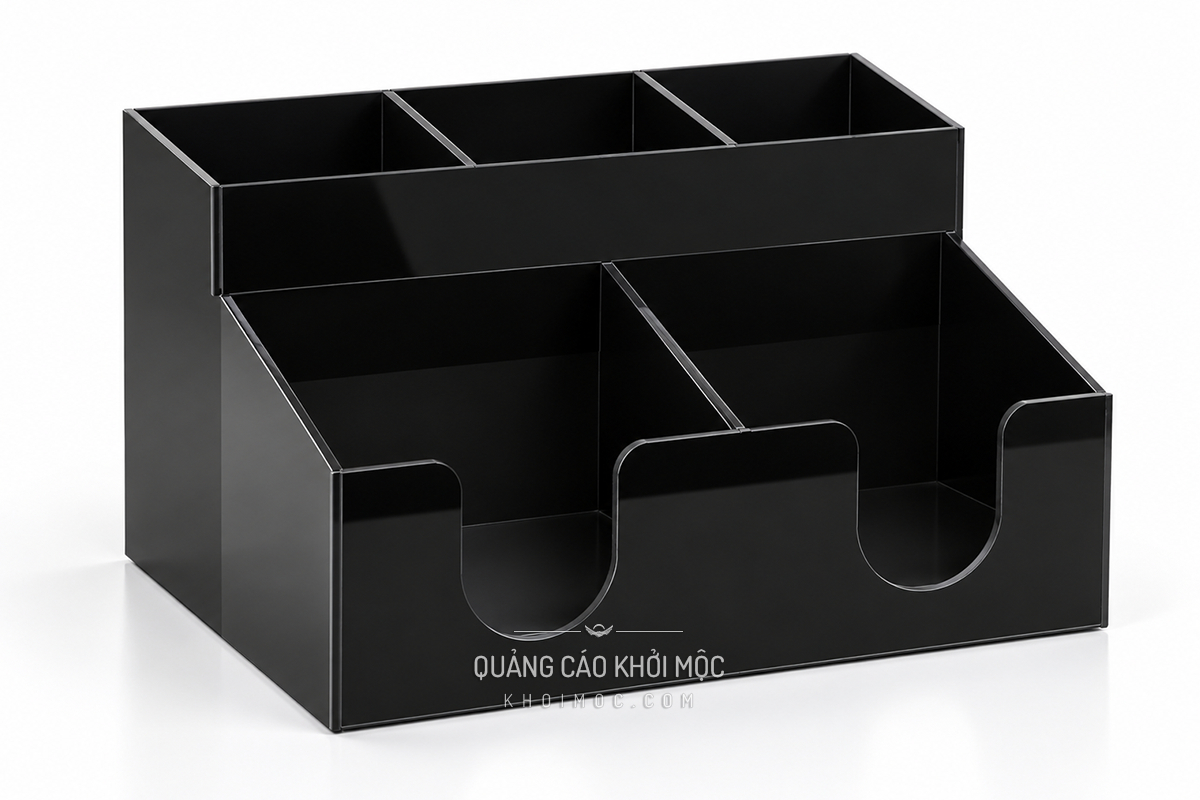 Kệ mica để ly cốc 2 tầng, 3 ngăn trên 2 ngăn dưới, ảnh dựng ý tưởng tham khảo