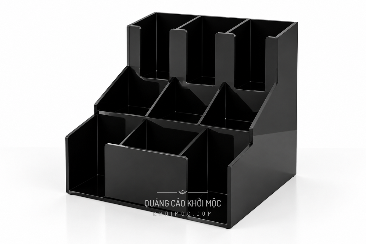 Kệ mica để ly cốc 4 tầng bậc thang lớn tại quầy pha chế, ảnh dựng ý tưởng tham khảo