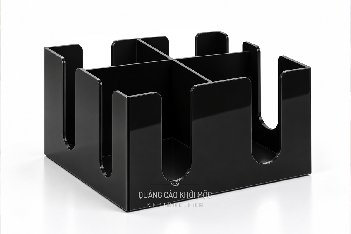 Kệ mica để ly cốc vuông chữ U 4 hướng, ảnh dựng ý tưởng tham khảo